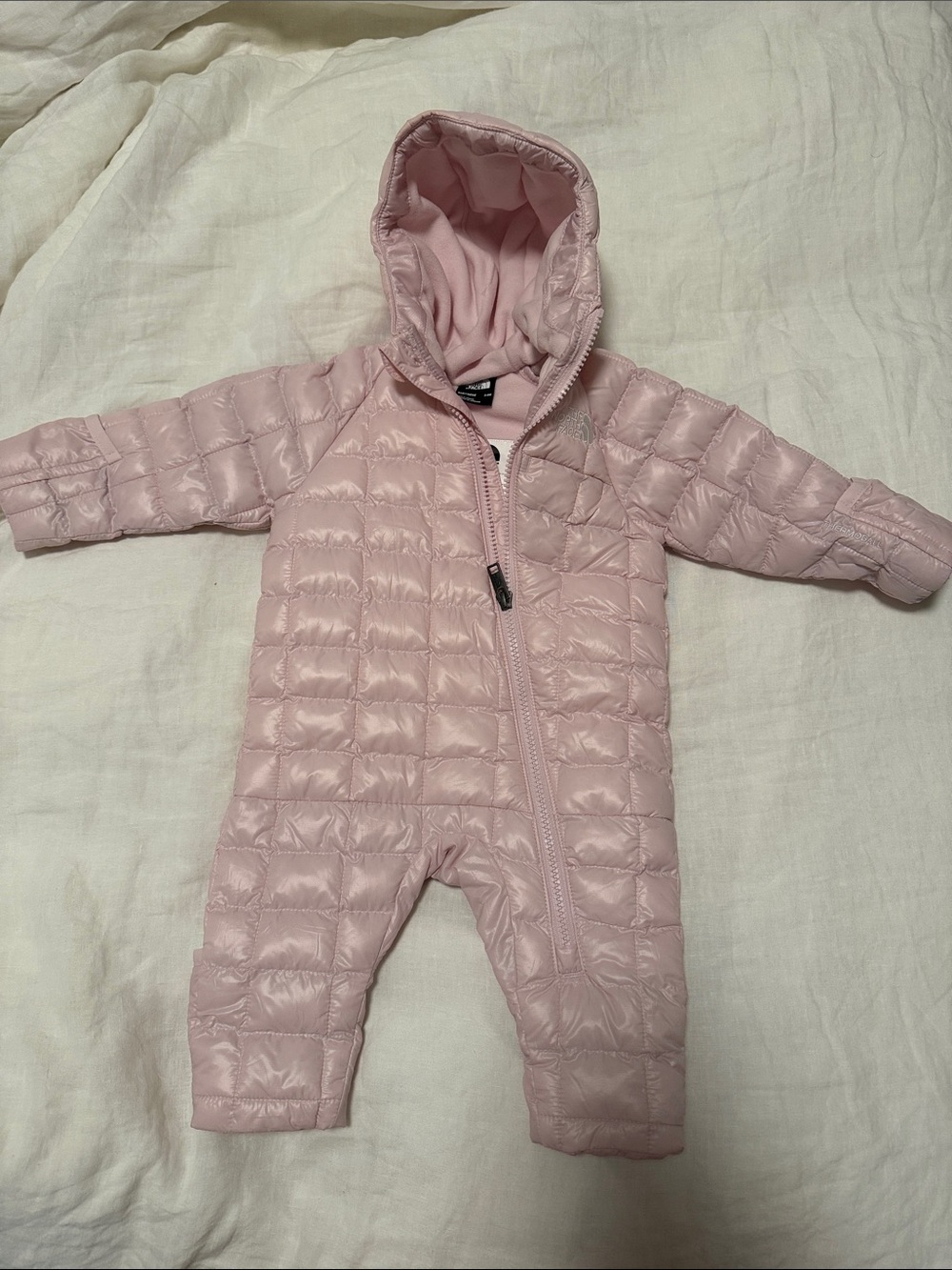 The North Face Pink Quilted Hooded Baby One-Piece